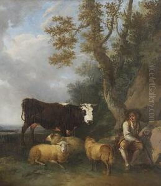 Hirte Mit Schafen Und
 Kuhen Oil Painting by Ferdinand Kobell
