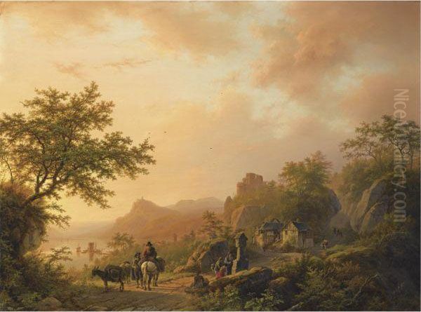 An Extensive Summer Landscape With Travellers On A Path Oil Painting by Barend Cornelis Koekkoek