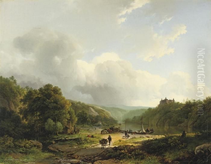 Unloading The Barge In An Undulating Landscape Oil Painting by Barend Cornelis Koekkoek