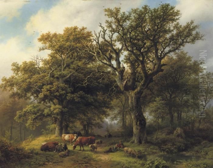 Een Boomrijk Landschap Met 
Koeiyen, En Schapen Bij Middagstond: Aherdsman And His Cattle Resting 
Under An Oak Tree, A Ruin In Thedistance Oil Painting by Barend Cornelis Koekkoek