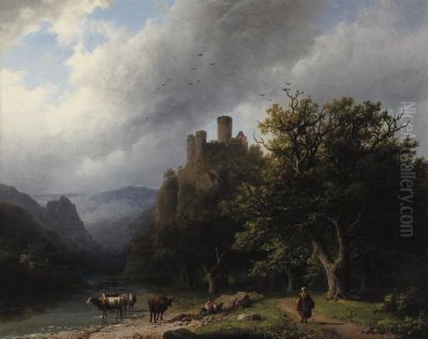 Een Bergachtig Landschap Waarin 
Een Kleine Waterval Bij Gewone Dag: On A River-bank In A Valley Oil Painting by Barend Cornelis Koekkoek