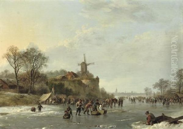 An Extensive Winter Landscape 
With Numerous Figures By A 'koek En Zopie', An Iceskating Race In The 
Distance Oil Painting by Barend Cornelis Koekkoek