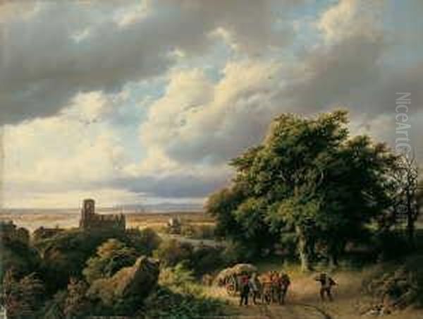 Flusslandschaft Mit Kirchenruine Und Pferdewagen. Signiert Auf Dem Felsen: Oil Painting by Barend Cornelis Koekkoek