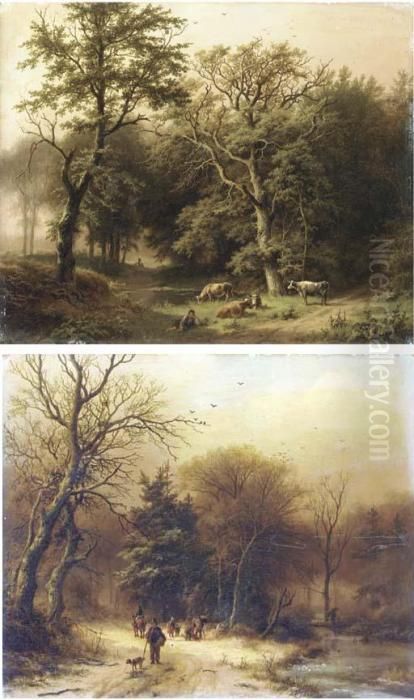 Een Boomrijk Zomerlandschap: 
Along A Forest Path In Summer; And Eenboomrijk Landschap Bij Winter: 
Figures By A Stream In Winter Oil Painting by Barend Cornelis Koekkoek