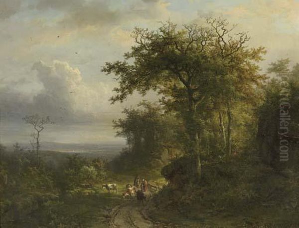 Peasants On A Wooded Path, A 
Valley Beyond; And Peasants Entering Achapel In A Wooded Valley Oil Painting by Barend Cornelis Koekkoek
