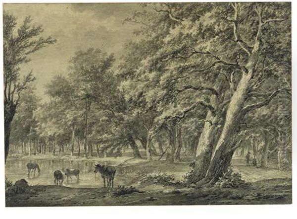 A Wood With A Herdsman, His 
Cattle Drinking In A Pond, Travellersresting Next To A Barn Nearby Oil Painting by Barend Cornelis Koekkoek