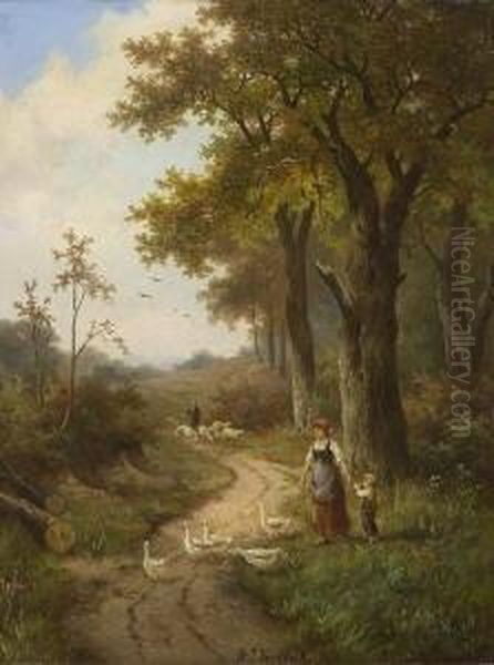 Hirten Mit Gansen Und Schafen Auf
 Dem Waldweg. Oil Painting by Hendrik Pieter Koekkoek