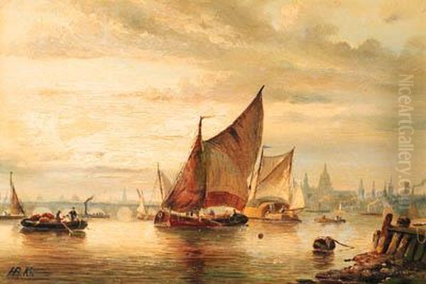 A View Of London With Various 
Shipping On The Thames At Dusk; Acalm With Moored Sailing Barges Along A
 Jetty Oil Painting by Hendrik Pieter Koekkoek