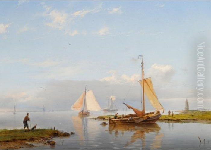 A River Landscape With Sailing Vessels Oil Painting by Hermanus Koekkoek