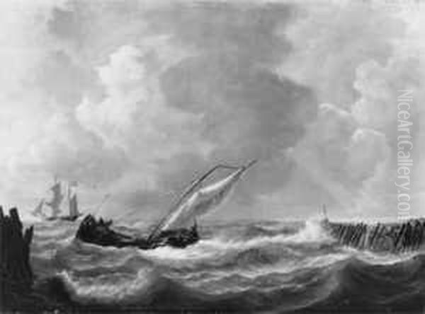 S Ein Dreimaster Und Ein 
Fischkutter In Kustennahem Gewasser. Ol Auf Holz. H 36; B 48 Cm. Tafel Oil Painting by Hermanus Koekkoek