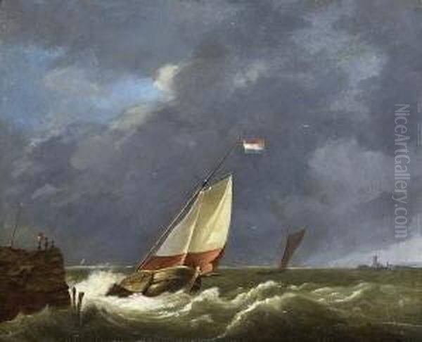 Seegelboote Auf Sturmisch Bewegter
 See. Oil Painting by Hermanus Koekkoek
