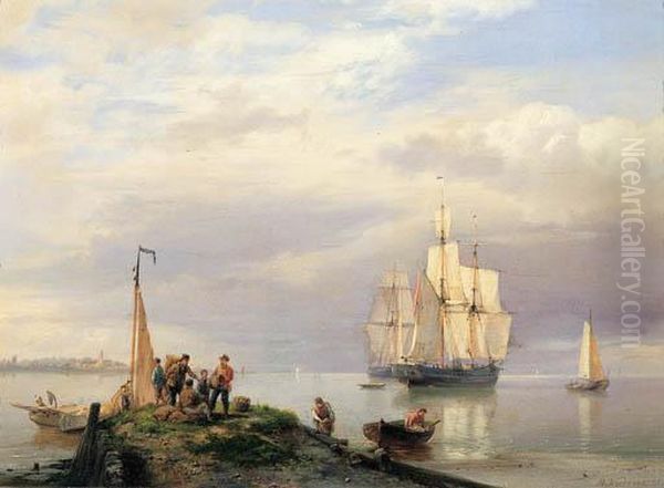 A Calm; A River Estuary With 
Twomasters At Anchor, Fisherman On A Jetty In The Foreground Oil Painting by Hermanus Koekkoek