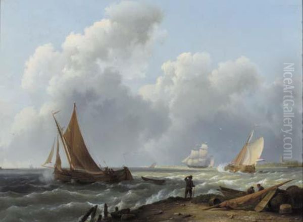 A Zeeuws Beurtschip In A Stiff Breeze, A Frigat In Thedistance Oil Painting by Hermanus Koekkoek