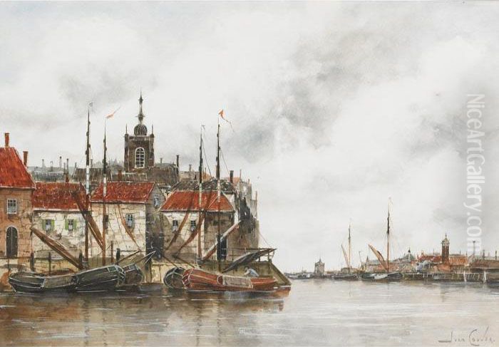 A Dutch Harbour Oil Painting by Hermanus Jr. Koekkoek