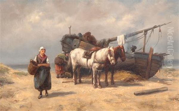 On The Shore With Fisherman, Horses And Boats Oil Painting by Johannes Hermann Barend Koekkoek