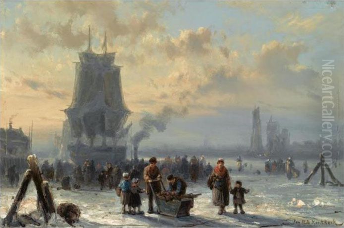 Many Figures Skating On The Ice, Boats In The Background Oil Painting by Johannes Hermann Barend Koekkoek