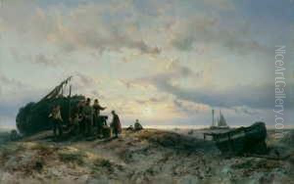 Fischer Am Strand. Signiert 
Unten Rechts: J.h.b. Koekkoek. Ol Auf Leinwand (doubliert). H 43; B 67 
Cm. Oil Painting by Johannes Hermann Barend Koekkoek