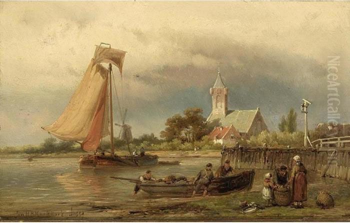 Unloading The Catch Oil Painting by Johannes Hermann Barend Koekkoek