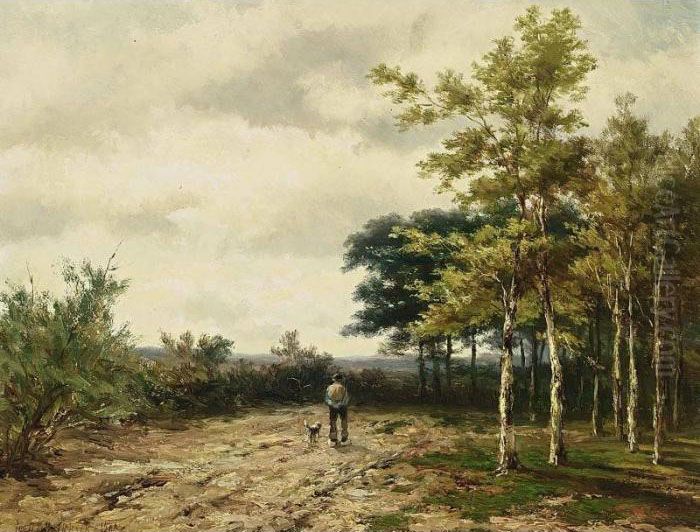 A Peasant And His Dog On A Path Oil Painting by Johannes Hermann Barend Koekkoek
