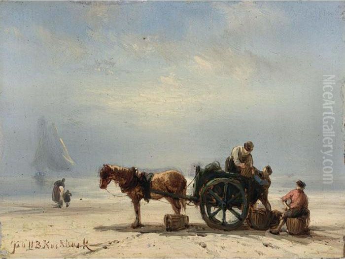 Unloading The Catch Oil Painting by Johannes Hermann Barend Koekkoek