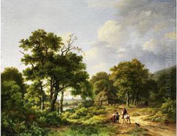 Landschaft Mit Strohgedeckter 
Hutte Am Rande Eines Eichenwaldchens Mit Reiter Und Wanderern Oil Painting by Marianus Adrianus Koekkoek