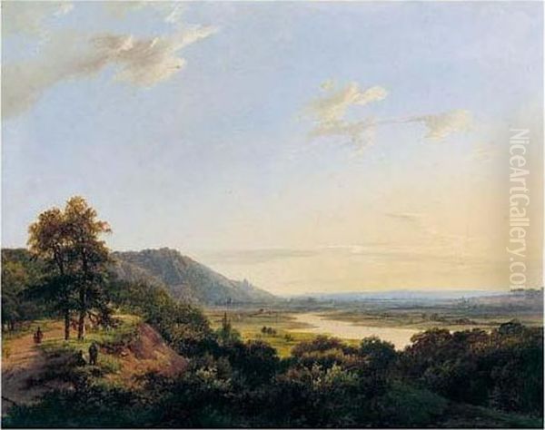 Reizige En Jagers In Een 
Heuvelachtig Rivierlandschap (travellers And Hunters In A Landscape) Oil Painting by Marianus Adrianus Koekkoek