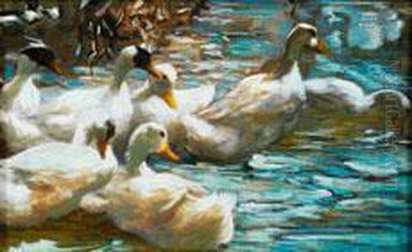 Sieben Weise Enten Am Seeufer Oil Painting by Alexander Max Koester