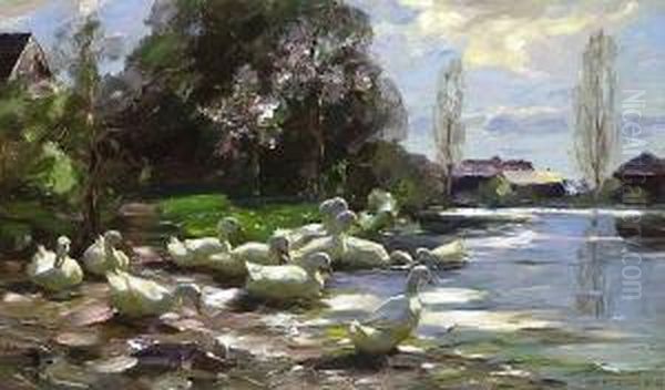 Enten Am Fruhlingshaften
 Seeufer. Oil Painting by Alexander Max Koester
