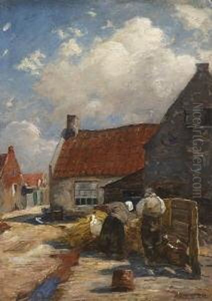 Hollandisches Bauernpaar Bei Der
 Arbeit Auf Der Dorfstrase. Oil Painting by Alexander Max Koester