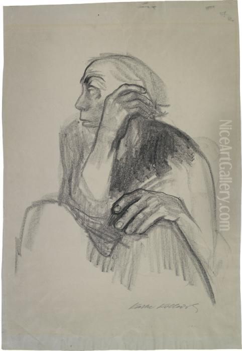 Selbstbildnis,nach Links - Sitzende Frau, Mit 
Aufgestutzter Hand Oil Painting by Kathe Kollwitz