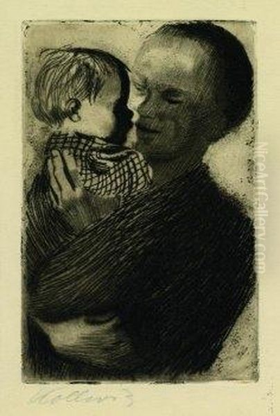 Mutter Mit Kind Auf Dem Arm. 
1910. Line Etching And Dry Point Etching On Copperprint Paper. 20 X 13cm
 . Signed Oil Painting by Kathe Kollwitz