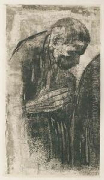 Trauernder Mann. 1919. Radierung
 Und Vernis-mou In Dunkelbraun. 27,9 X 15,7 Cm. Spaterer Druck Oil Painting by Kathe Kollwitz