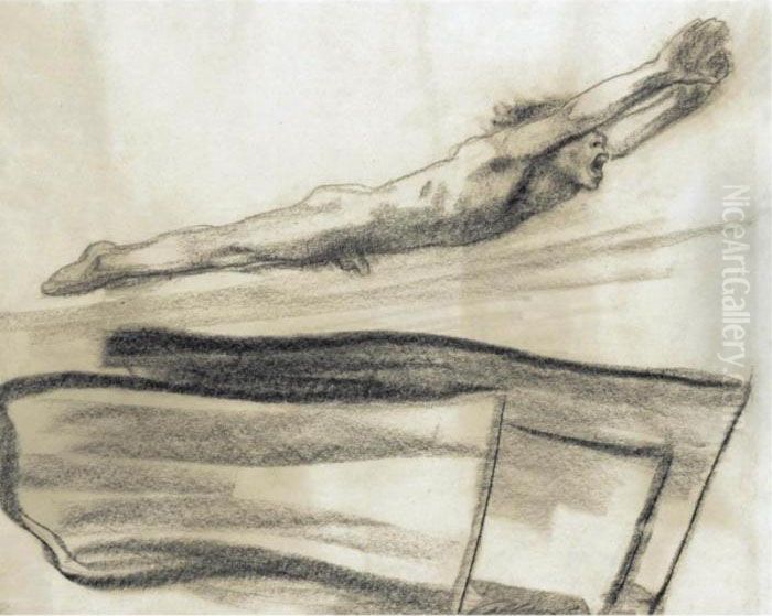 Fahnen, Drei Fahnen, Daruber 
Eine Nach Rechts Aufwarts Schwebende Nackte Mannliche Gestalt (flags, 
Three Flags, A Naked Male Figure Floating Above Them) Oil Painting by Kathe Kollwitz