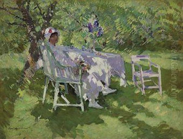 A Lady In White Seated In A Garden Oil Painting by Konstantin Alexeievitch Korovin