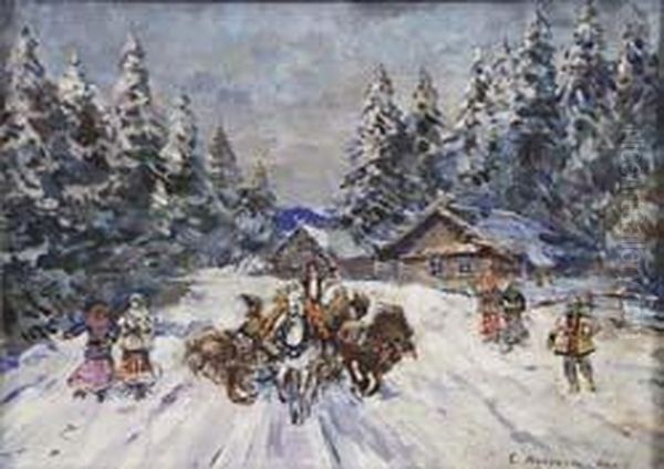 Darstellung Einer Winterlichen 
Dorfszene Mittroikagespann Und Personen In Verschneiter Baumbestandener 
Landschaft. Oil Painting by Konstantin Alexeievitch Korovin