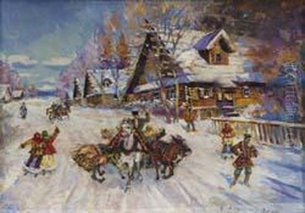 Darstellung Einer Dorflichen 
Szene Mit Troikagespann Und Einheimischen In Verschneiter Umgebung. Oil Painting by Konstantin Alexeievitch Korovin
