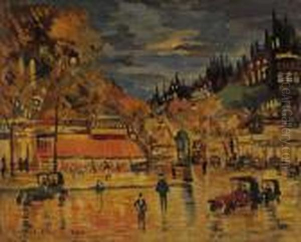 Les Boulevards A Paris La Nuit Oil Painting by Konstantin Alexeievitch Korovin