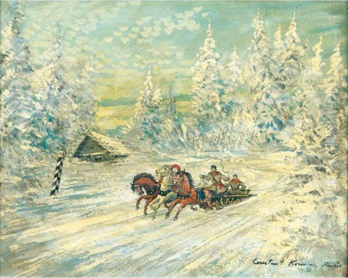 Troika Dans La Neige Oil Painting by Konstantin Alexeievitch Korovin