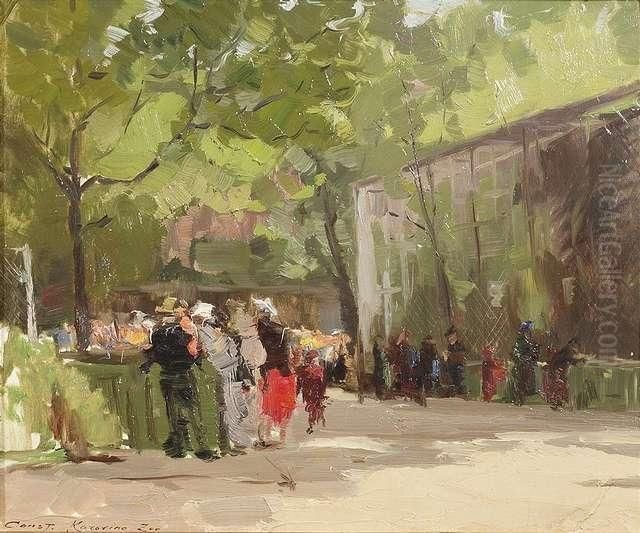 A Summer Day In The Zoo With 
Numerous Visitors At The Vivariums. Oil/cardboard, Signed And Inscribed 
