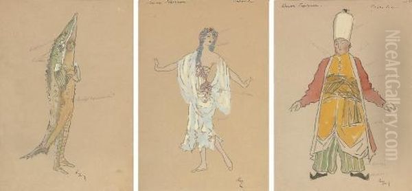 Three Costume Designs For 
Konek Gorbunok [the Little Humpbacked Horse] Oil Painting by Konstantin Alexeievitch Korovin