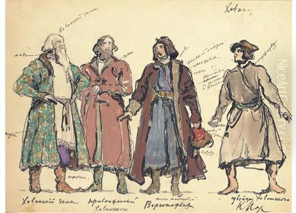 A Group Of Costume Designs For 
Khovanshchina: Khovanskii;khovanskii's Man-servant; Varsonofiev; And The
 Murderer Oil Painting by Konstantin Alexeievitch Korovin
