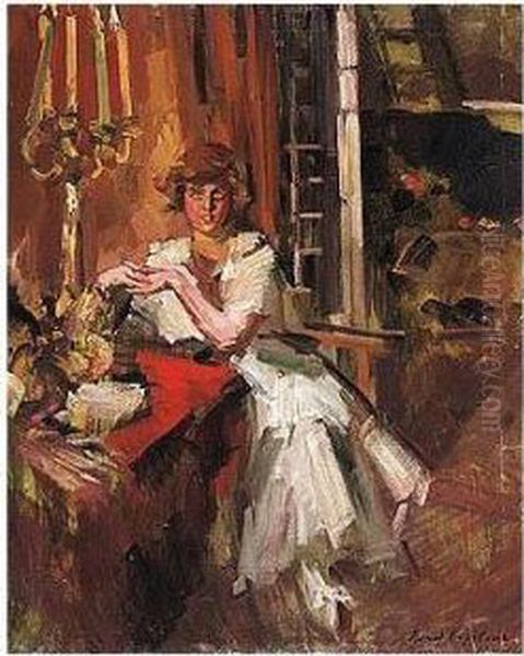 Young Girl In An Interior Oil Painting by Konstantin Alexeievitch Korovin