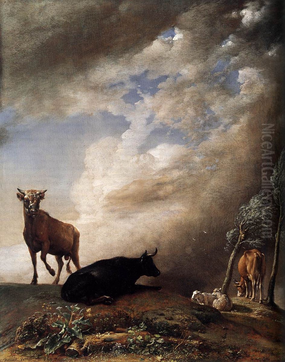 Cattle and Sheep in a Stormy Landscape Oil Painting by Paulus Potter