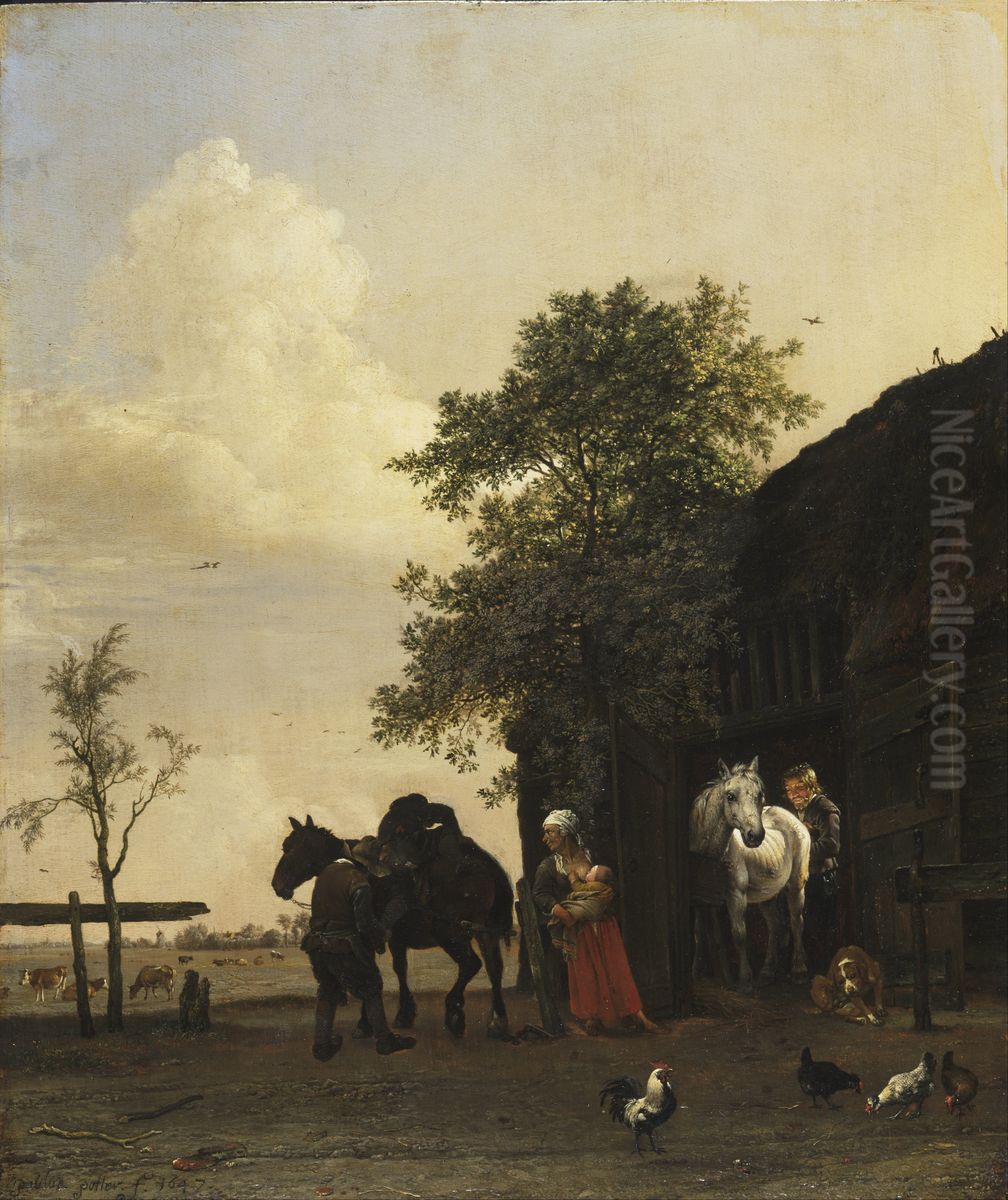Figures with Horses by a Stable Oil Painting by Paulus Potter