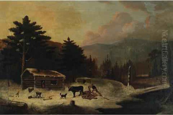Chopping Lumber, Winter Oil Painting by Cornelius David Krieghoff