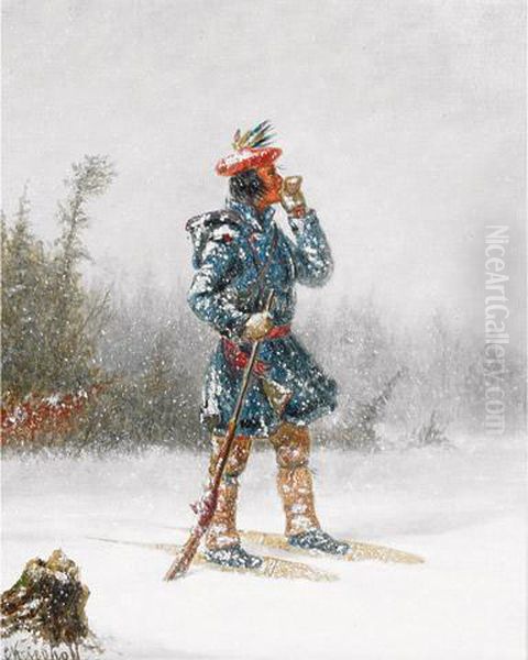 Indian Hunter On Snowshoes Oil Painting by Cornelius David Krieghoff