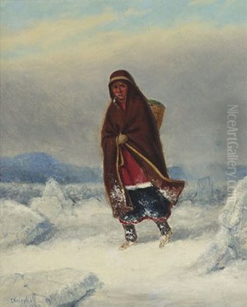 Indian Woman In A Winter Landscape Oil Painting by Cornelius David Krieghoff