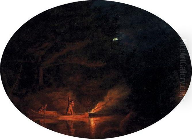 Moonlight - Salmon Fishing Oil Painting by Cornelius David Krieghoff