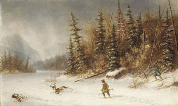 Deer Hunters In A Winter Landscape Oil Painting by Cornelius David Krieghoff
