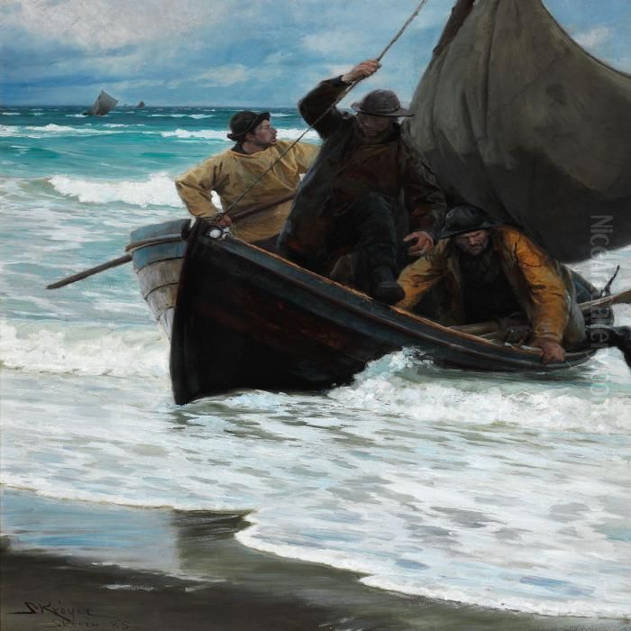 Hjemvendende Fiskere Ifaerd Med At Stryge Sejlene Paa Baaden Oil Painting by Peder Severin Kroyer